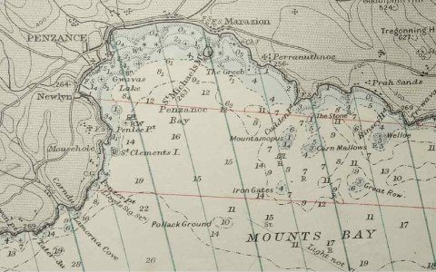 Extract from 1954 Admiralty chart showing Newlyn within Mount's Bay (image created by Jeanette Ratcliffe)